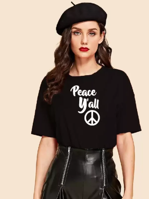 TANDUL  Printed Women Round Neck Black T-Shirt Chenille Brocade Lace