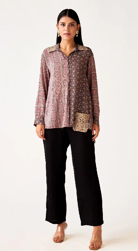 Grey Satin Crepe Shirt Plaid T-Shirt Polka Dot Checkered