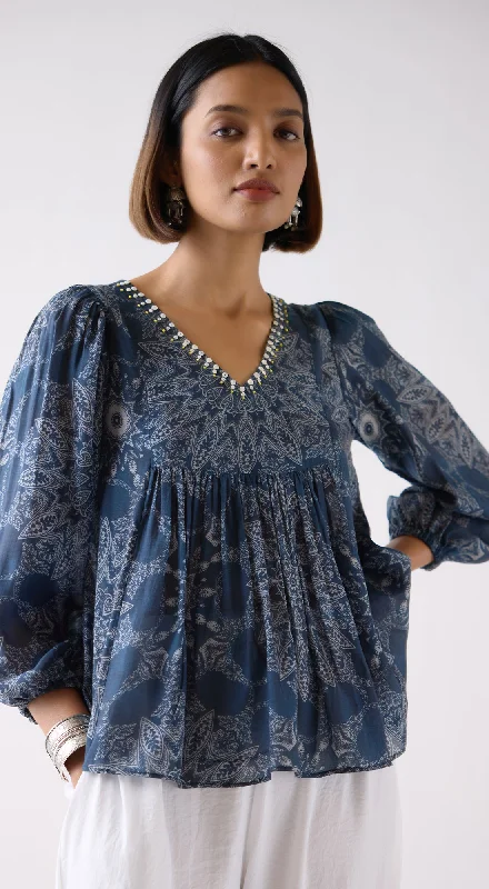 Blue Muslin Abstract Print Shirt Mesh Blend Leather Blend Suede Blend