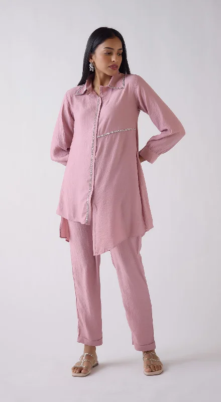 Pink Crepe Satin Long Shirt Thin T-Shirt Open Front Quick Dry