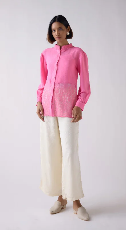Pink Shantley Lace Shirt Beaded Sequined Faux Fur