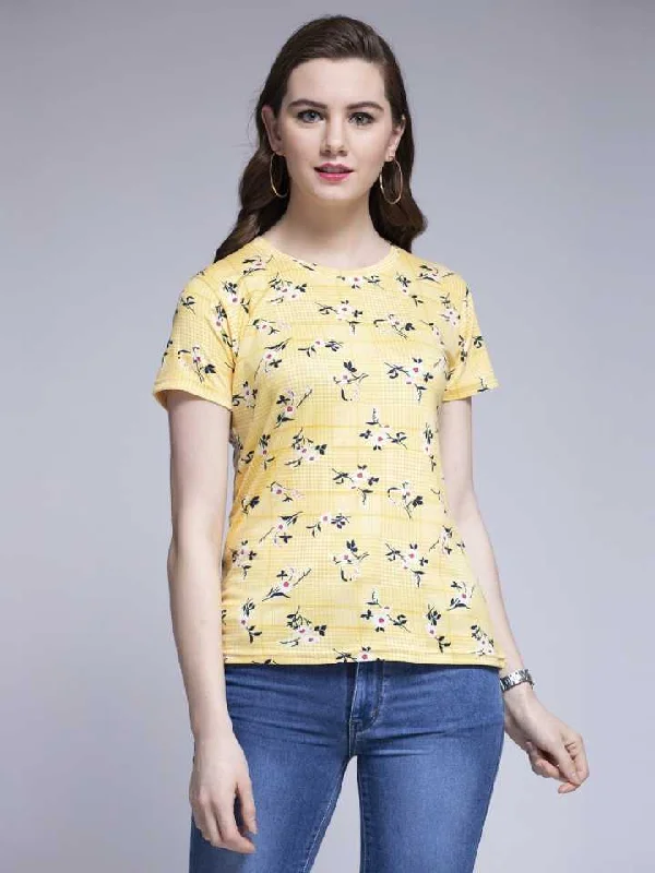 Printed Women Round Neck Multicolor T-Shirt Front Pockets Side Pockets Patch Pockets