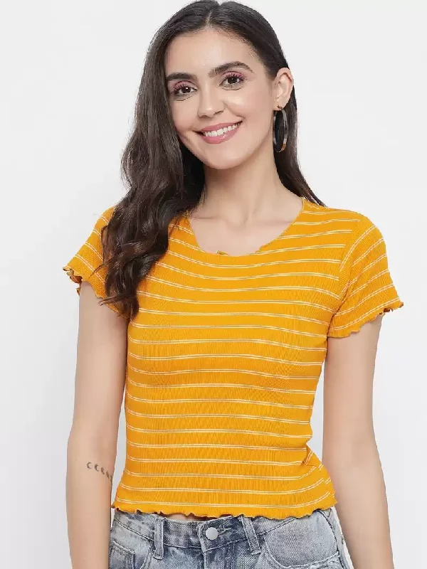 TANDUL  Striped Women Round Neck Multicolor T-Shirt Mesh Canvas Denim
