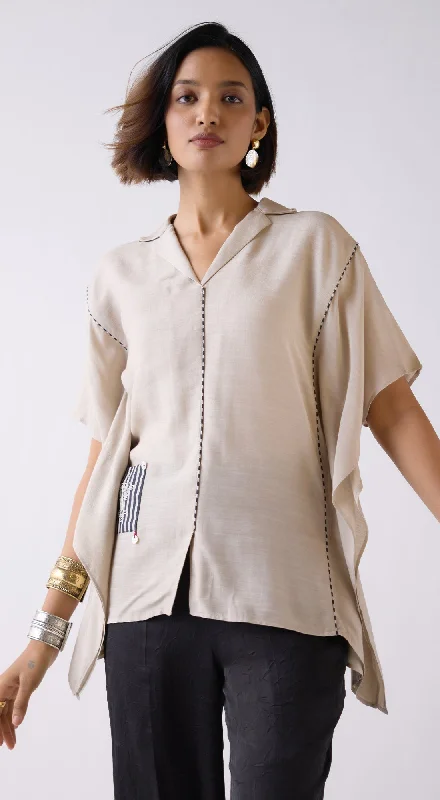 Mouse Muslin Patched Kaftan Shirt Zippered Front Buttoned Front Snap Front
