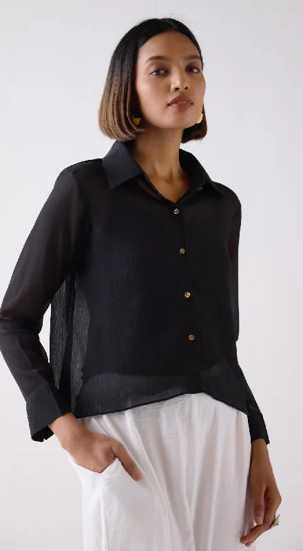Black Textured Chiffon Shirt Ribbed T-Shirt High Neck Heavyweight