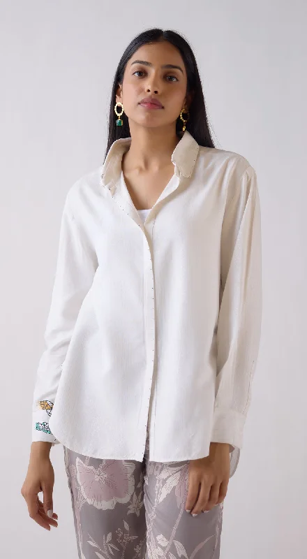 Ivory Cotton Blend Shirt Graphic T-Shirt Round Neck Polyester