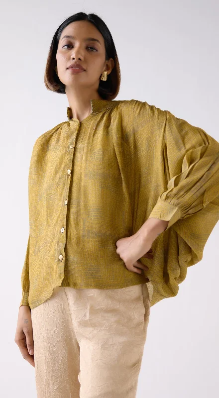 Mustard Crepe Abstract Print Flowing Shirt Chenille Blend Fleece Blend Nylon Blend