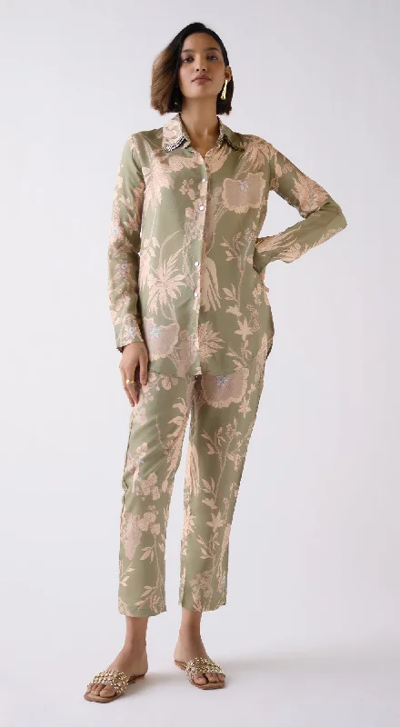 Green Muslin Floral Printed Shirt Anti-Pilling Machine Wash Handmade