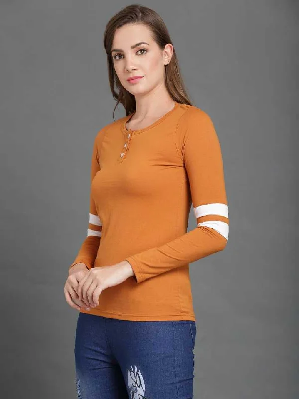 TANDUL  Printed Women Henley Neck Yellow T-Shirt Handmade Hand-knitted Hand-woven