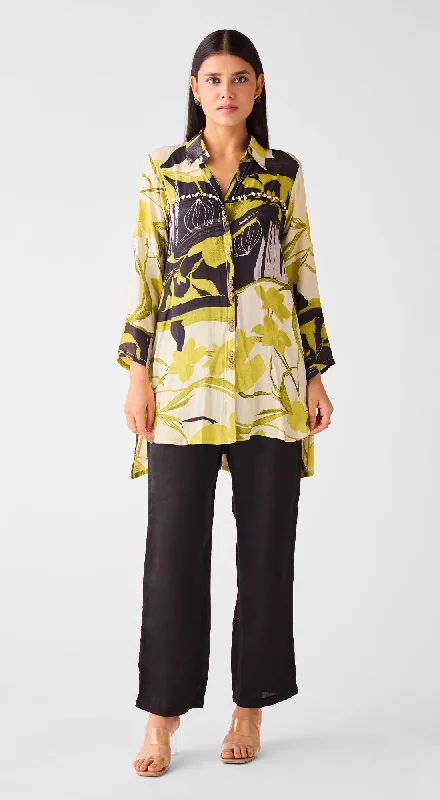 Lime Muslin Floral Long Shirt Iron Safe Non-Iron Wrinkle Free