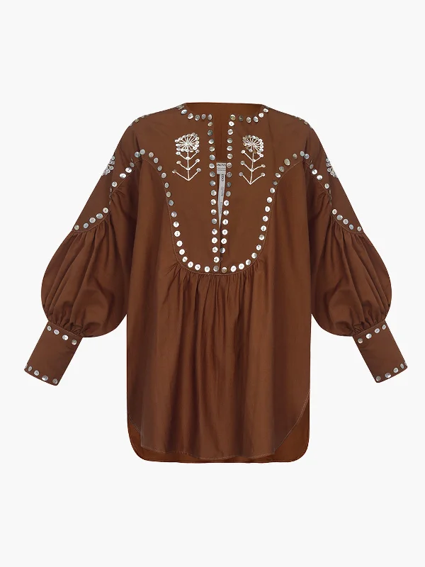 Danza Shirt | Brown Asymmetrical Pockets Print