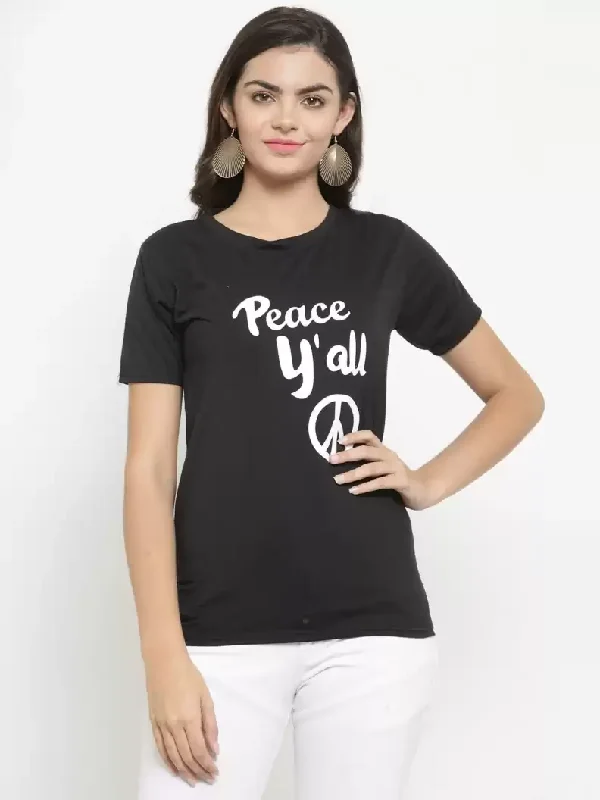 TANDUL  Graphic Print Women Round Neck Black T-Shirt Zippered Front Buttoned Front Snap Front