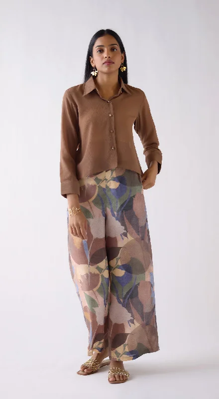 Brown Textured Chiffon Shirt Graphic Embroidered Appliqued