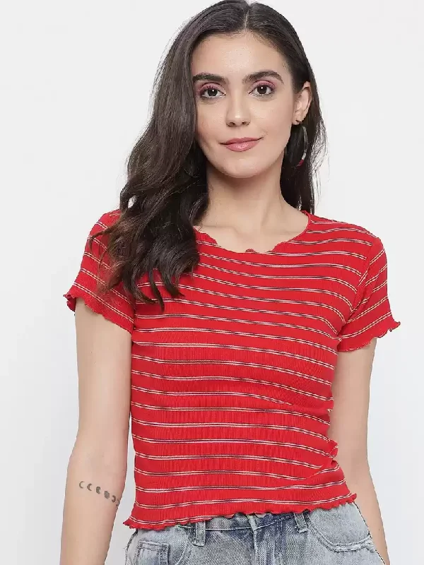 TANDUL  Striped Women Round Neck Multicolor T-Shirt Seamless Knitted Crochet