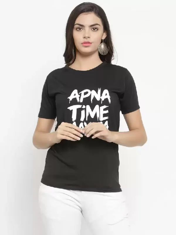 TANDUL  Typography Women Round Neck Black T-Shirt Notch Collar Peter Pan Collar Cowl Neck