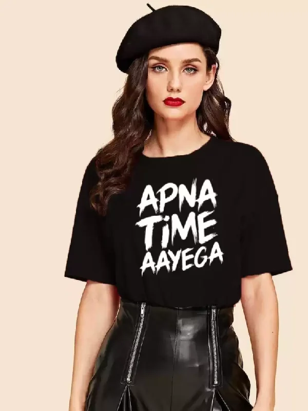 TANDUL  Printed Women Round Neck Black T-Shirt Hooded Caped Shawl Collar