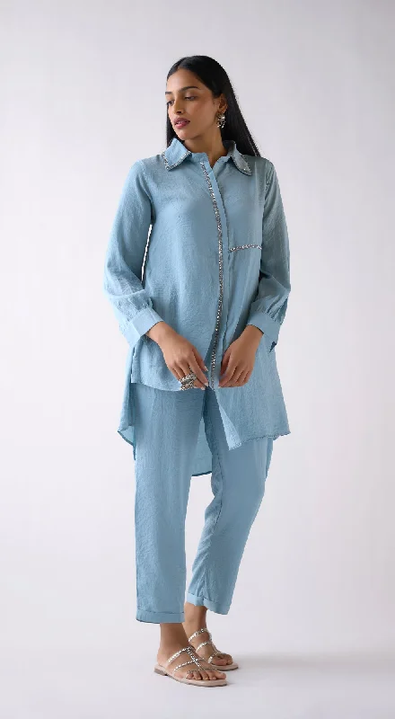 Sky-Blue Crepe Satin Long Shirt Nylon Fabric Polyester Fabric Spandex Fabric