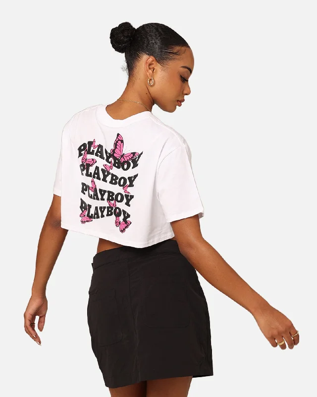 Playboy Women's Butterfly Cropped T-Shirt White Boxy Fit Fitted Loose