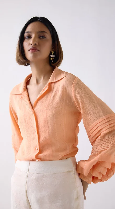 Peach Balloon Sleeves Shirt Spandex Blend Rayon Blend Denim Blend