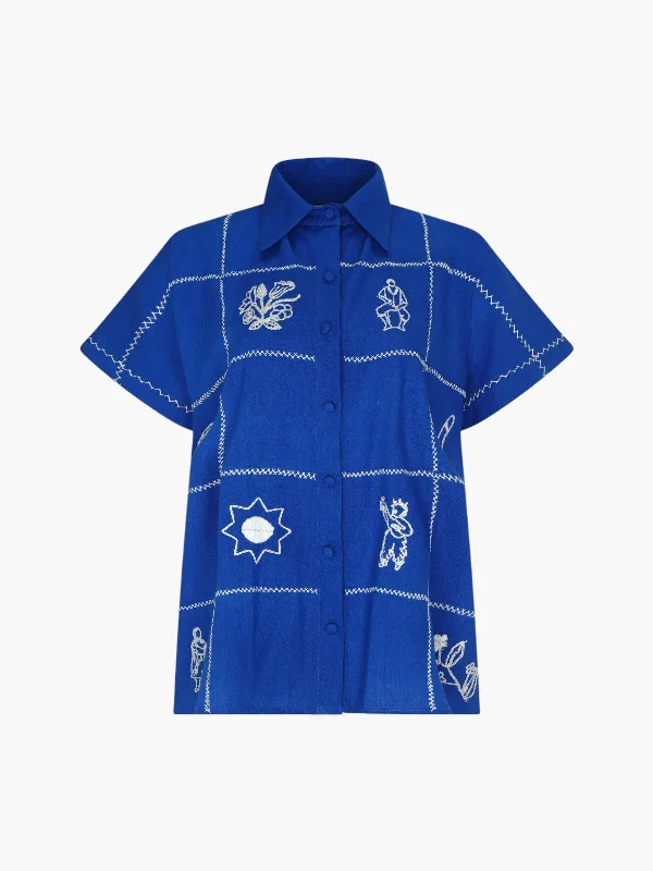 Carmen Shirt | Electric Blue Embroidered Appliqued Beaded