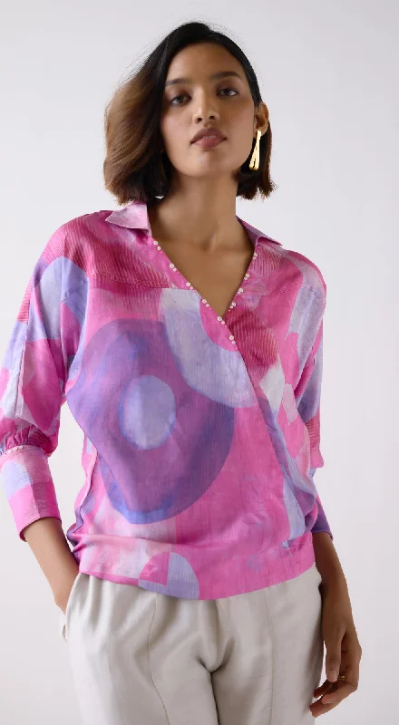 Pink Muslin Abstract Print Shirt Basic T-Shirt Crew Neck Short Sleeve