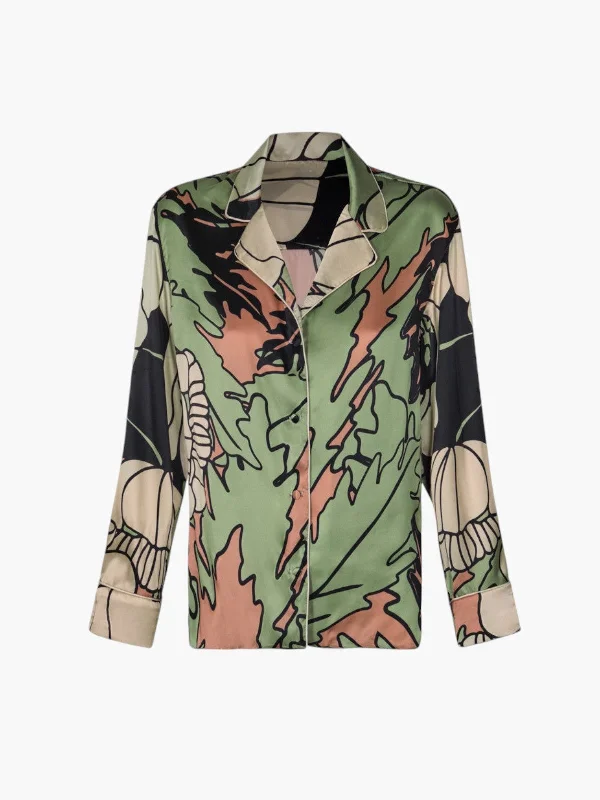 Noches De Luna Satin Silk Shirt | Sage Gladiolos Garden Elegant Classic Vintage