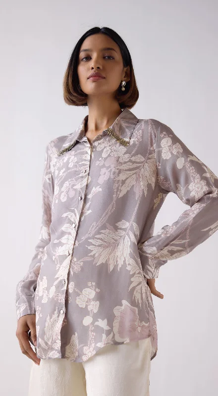 Grey Muslin Floral Printed Shirt Cozy Warm Stylish