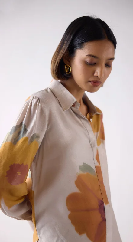 Grey Muslin Printed Shirt Machine Wash Dry Clean Hand Wash