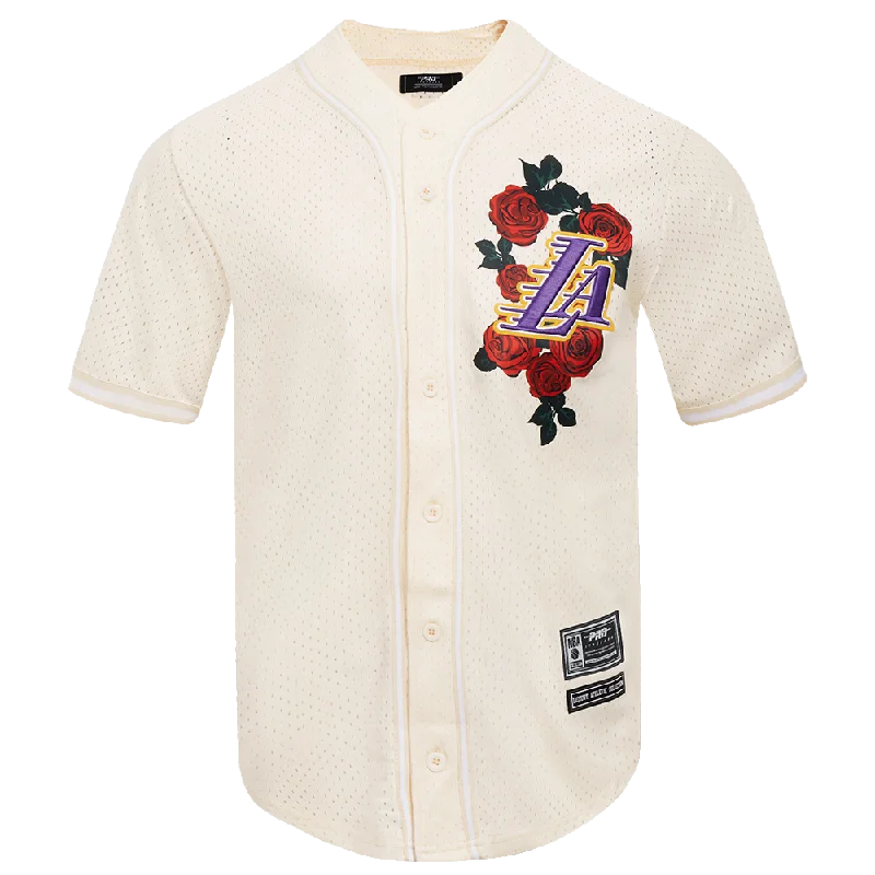 NBA LOS ANGELES LAKERS ROSES MESH BUTTON UP SHIRT (EGGSHELL) Mesh Blend Leather Blend Suede Blend