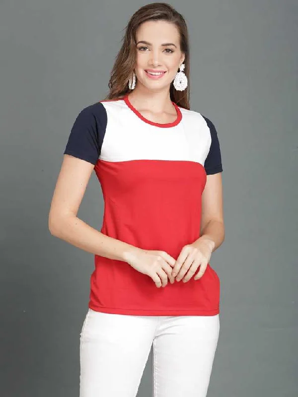 TANDUL  Color Block Women Round Neck Red T-Shirt Denim Fabric Leather Fabric Suede Fabric