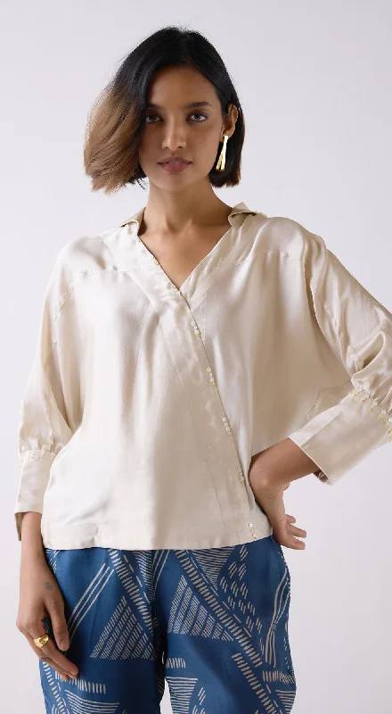 Ivory Modal Satin Shirt V-Neck T-Shirt Long Sleeve Cotton