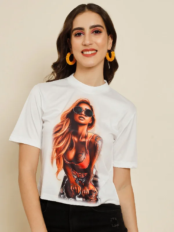 TANDUL Printed Women Round Neck Multicolor T-Shirt Lace Blend Ribbed Blend Corduroy Blend