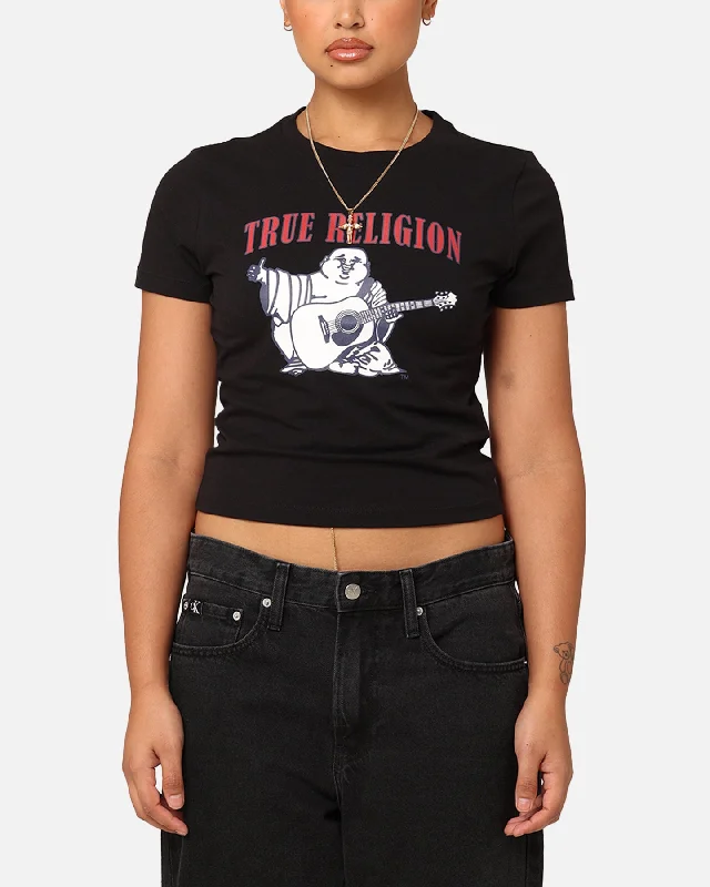 True Religion Women's Buddha Baby T-Shirt Black Rayon Velvet Corduroy