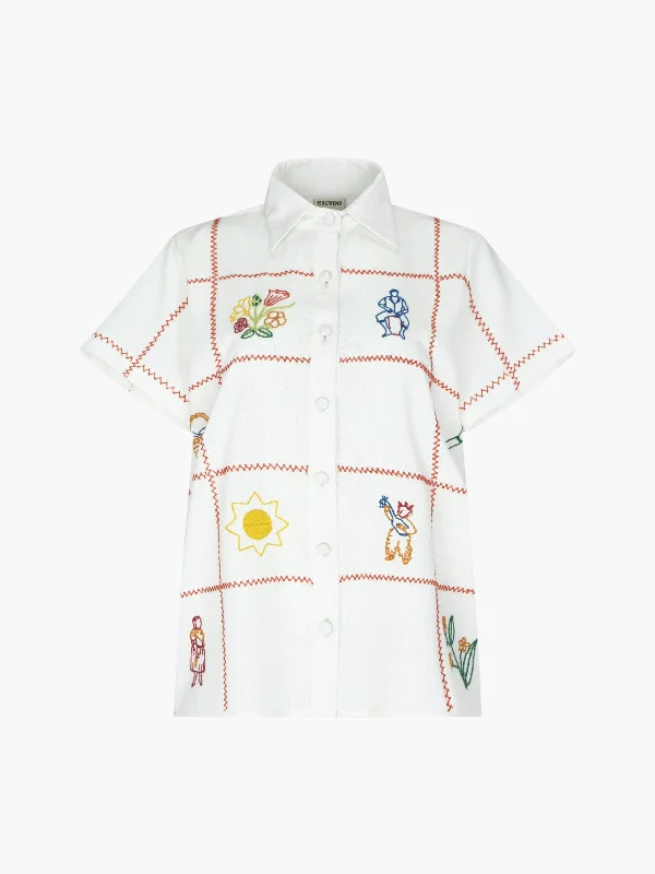 Carmen Shirt | Ivory Solid Print Embellished