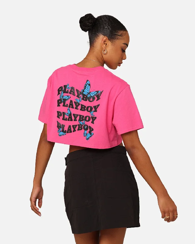 Playboy Women's Butterfly Cropped T-Shirt Pink Layered Multi-layer Single Layer