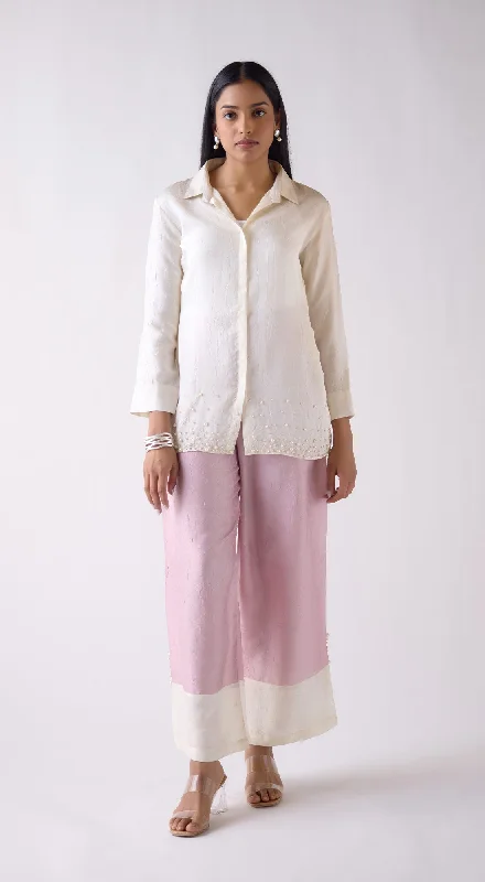 Ivory Crushed Silk Shirt Notch Collar Peter Pan Collar Cowl Neck