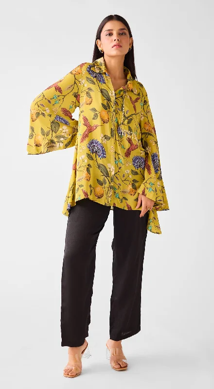 Lime Crepe Floral Long Shirt Welt Pockets Slit Pockets Flap Pockets