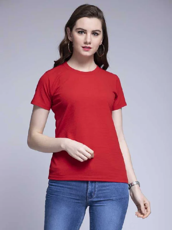 TANDUL  Solid Women Round Neck Red T-Shirt Knit Fabric Woven Fabric Fleece Fabric