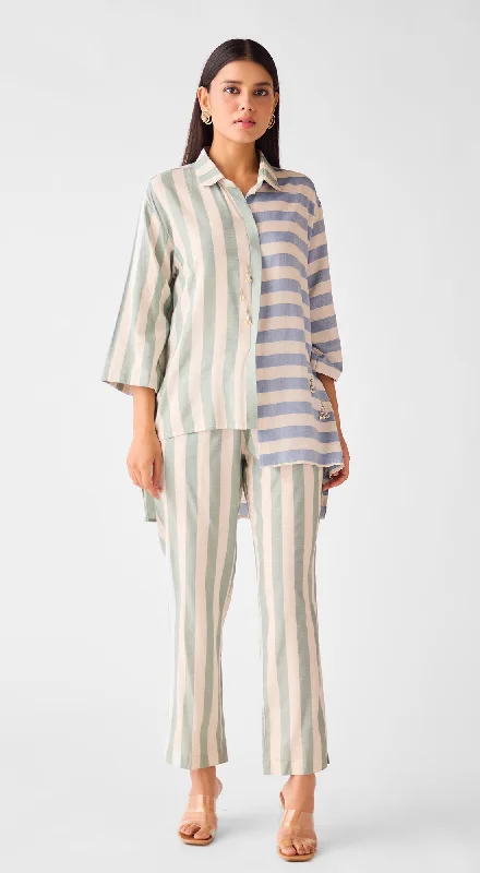 Ivory Abstract Lines Linen Shirt Notch Collar Peter Pan Collar Cowl Neck