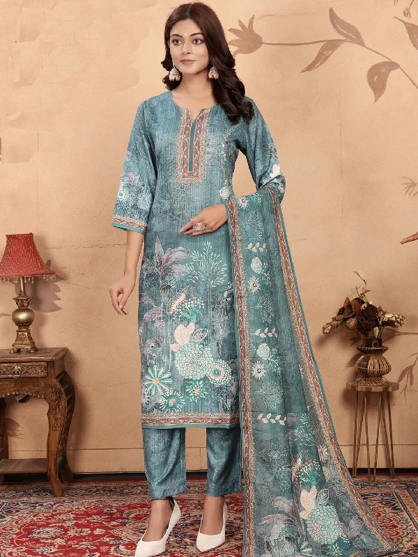 Sky Blue Trendy Designer Readymade Pant Suit With Embroidery Work Comfortable Pleated Pants