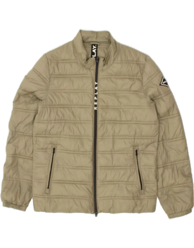 REPLAY Womens Graphic Padded Jacket UK 14 Medium Green Polyamide Wool Fabric Cashmere Fabric Tweed Fabric