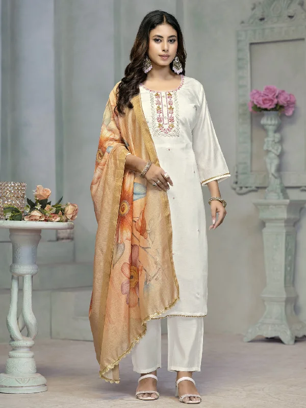 Cream Designer Readymade Pant Suit With Printed Embroidery Work Comfortable Pleated Pants