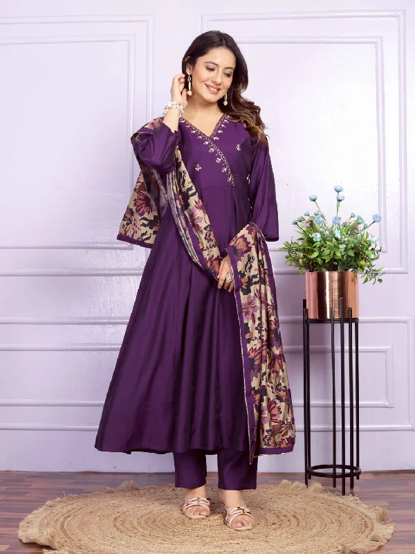 Purple Trendy Designer Readymade Pant Suit With Embroidery Work Chic Faux Leather Pants
