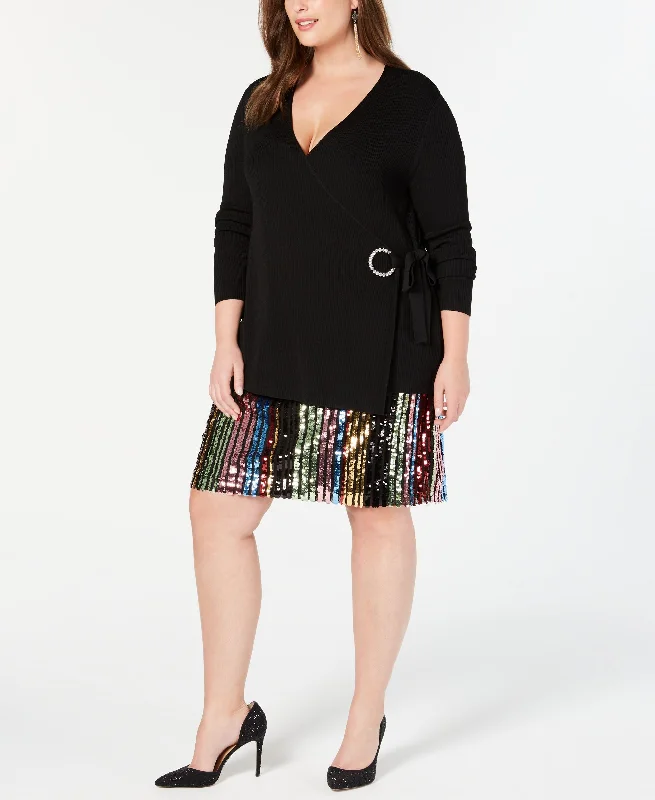 Plus Size Embellished Grommet Wrap Sweater Slim Fit Regular Fit Oversized