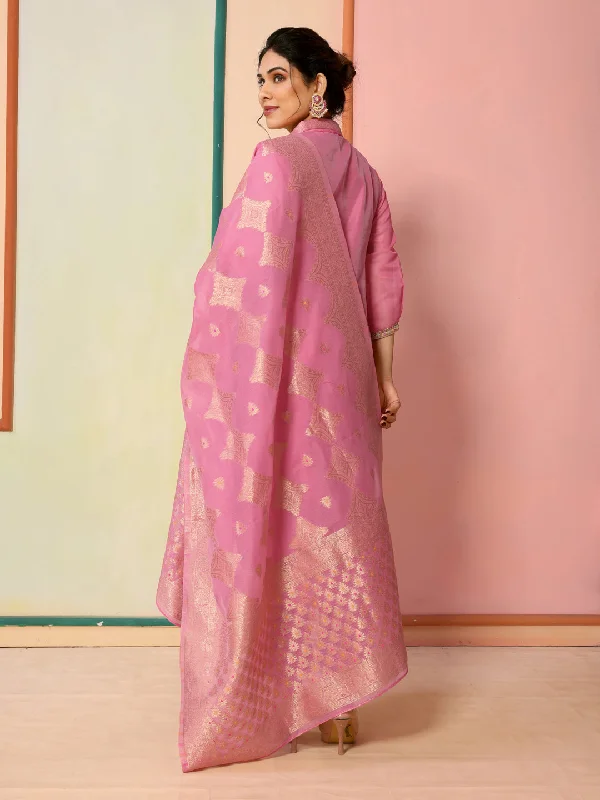Pink Designer Readymade Chanderi Pant Suit With Wevon Jacquard Designer High-Waist Yoga Pants