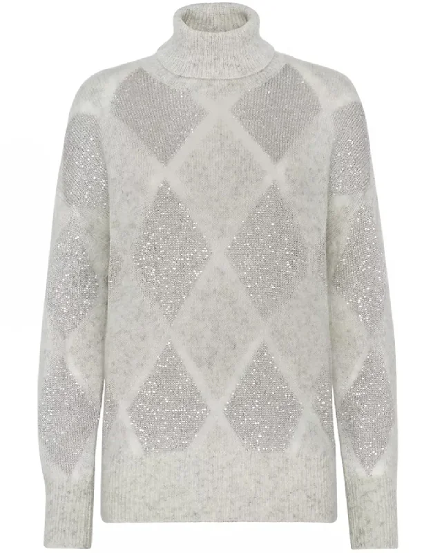 Pearl Grey Paillette Argyle Mockneck Sweater Collared Crew Neck Turtle Neck