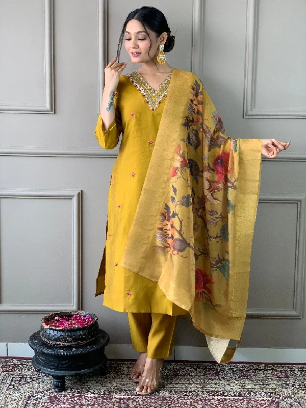 Mustard Designer Readymade Pant Suit With Printed Embroidery Work Formal Stretch Pants