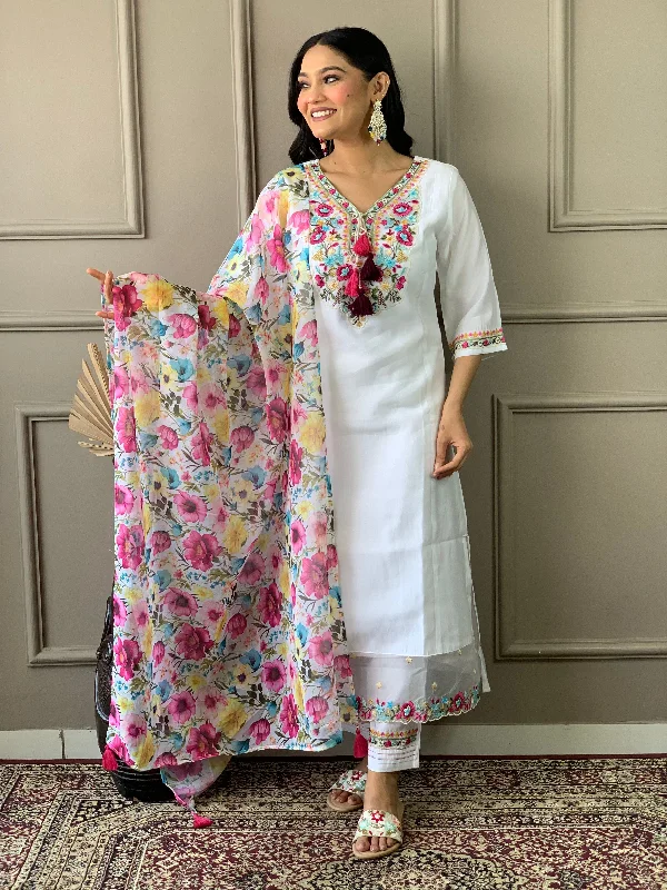 Off White Chanderi Attractive Looking Pant Suit With Designer Embroidery Printed Work Trendy Velvet Pants