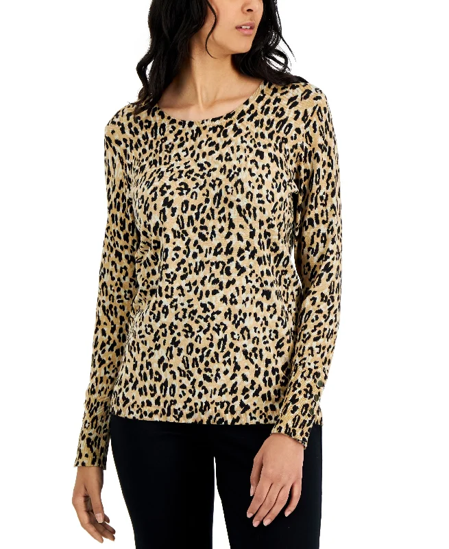 JM Collection Petite Animal Print Sweater Chenille Blend Fleece Blend Nylon Blend
