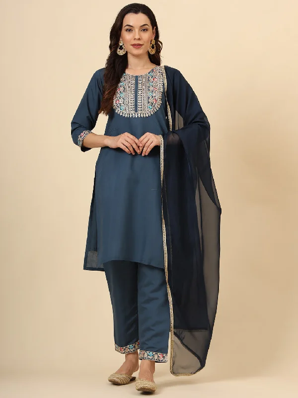 Teal Designer Readymade Pant Suit With Designer Embroidery Work Chic Slim Fit Pants